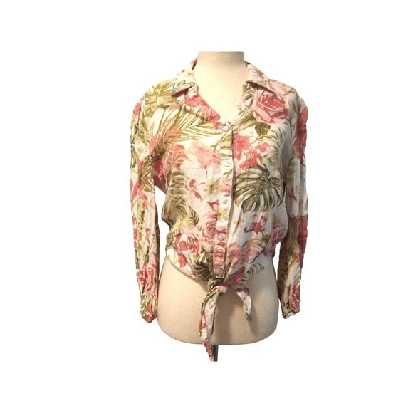 Larry Levine Womens Top M Tie Front Cropped Linen Hawaiian Button Long Sleeve - Picture 1 of 7